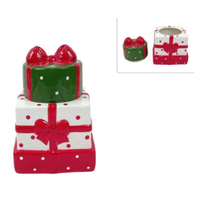 Caixa decorativa cerâmica forma caixas de presente vermelha, branca e verde com bolinhas e laços.