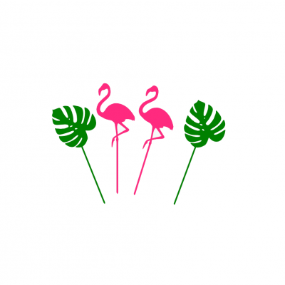 Dois flamingos cor-de-rosa e duas folhas verdes Monstera em fundo branco