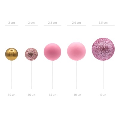 Cinco bolas decorativas em espeto com cores dourado, rosa mate e rosa com glitter de vários tamanhos