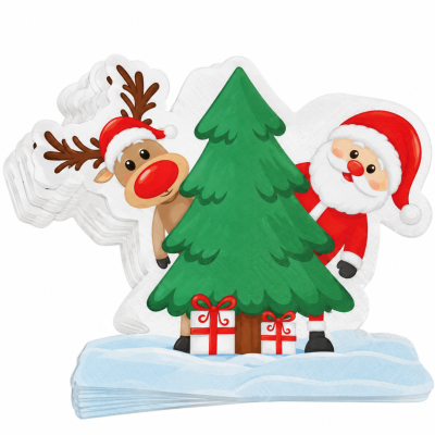 Guardanapos de papel com desenho de pinheiro, presentes, rena e Pai Natal