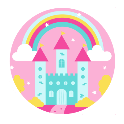 Castelo azul com três torres cor-de-rosa sob um arco-íris num cenário rosa