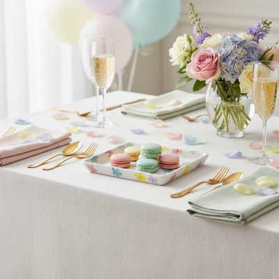 Mesa decorada com macarons e flores, talheres dourados e copos de champanhe.