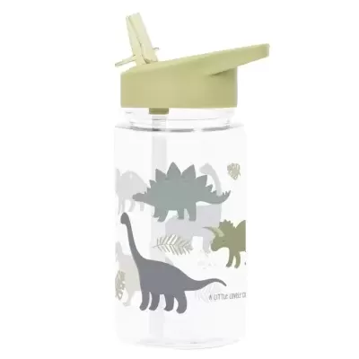 Garrafa infantil transparente com desenhos de dinossauros e tampa verde clara