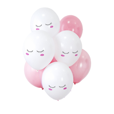 Sete balões de látex brancos e rosa com padrão de olhos fechados.