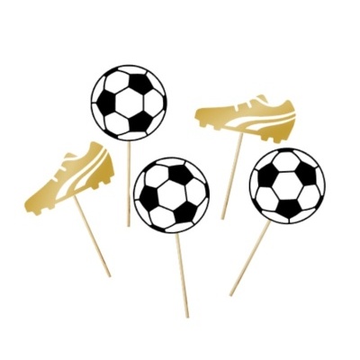 Toppers de bolas de futebol e chuteiras douradas com palitos de madeira para bolos.