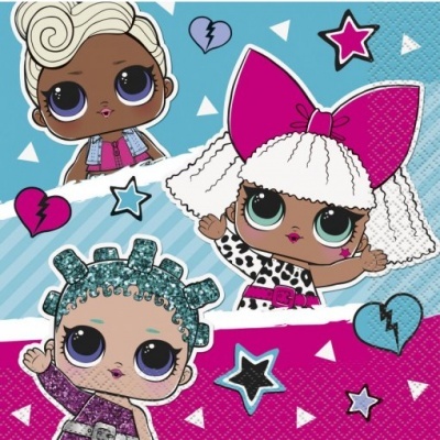 Três bonecas animadas coloridas com grandes olhos e fundo azul e rosa com padrões geométricos