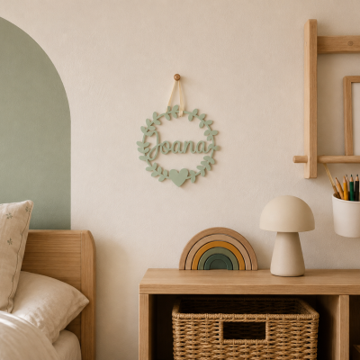 Plaquinha decorativa verde com o nome Joana pendurada na parede