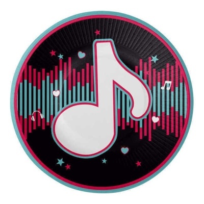 Prato de papel redondo com padrão musical colorido