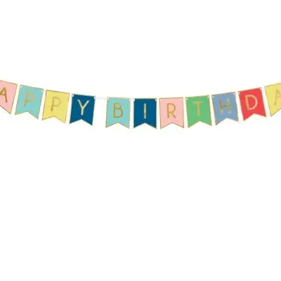 Guirlanda com bandeirolas coloridas com letras douradas a dizer HAPPY BIRTHDAY