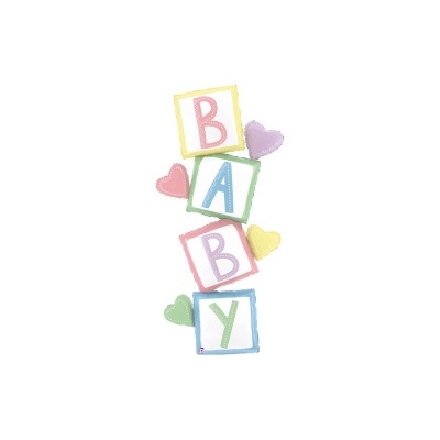 Blocos coloridos com letras a formar a palavra BABY e pequenos corações ao lado.