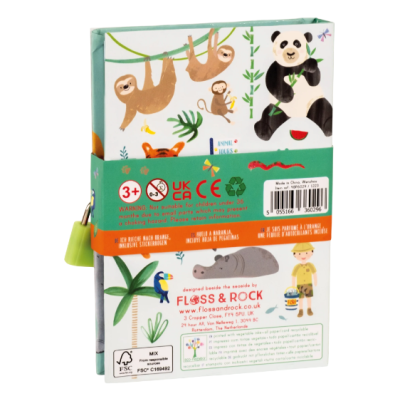 Embalagem de livro infantil com animais coloridos e etiqueta colorida