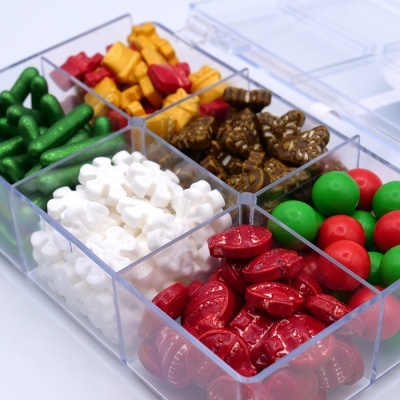 Caixa transparente com seis compartimentos contendo peças coloridas para jogo