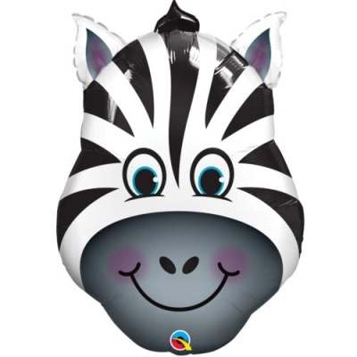 Balão metálico em forma de cabeça de zebra com riscas pretas e brancas