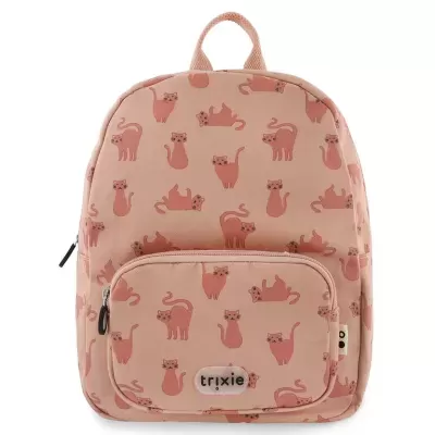 Mochila rosa com padrão de gatos cor de rosa e bolso frontal
