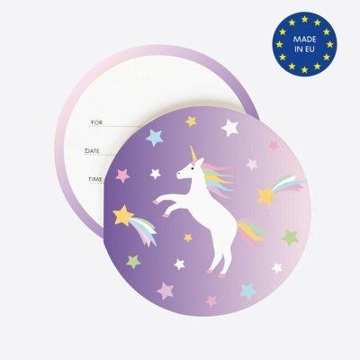 Convite redondo com unicórnio e estrelas coloridas