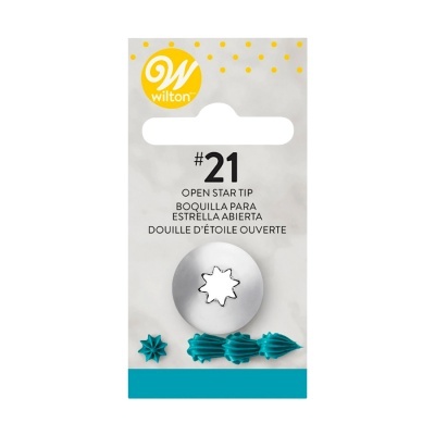 Boquilha metálica para decoração de bolos Wilton número 21 com embalagem branca, amarelo e azul