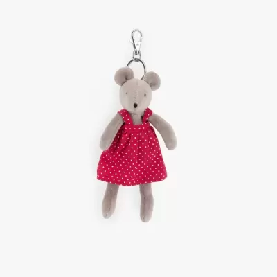Porta-chaves de peluche rato cinzento com vestido vermelho de bolinhas brancas