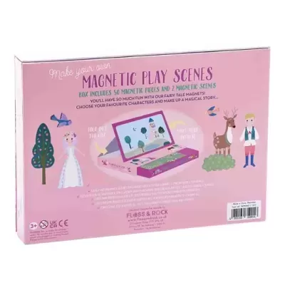 Caixa rosa de brinquedo magnético com ilustrações de personagens, animais e texto em inglês.