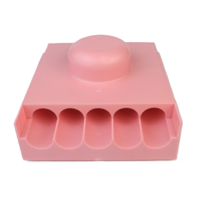 Forma de silicone rosa com cinco cavidades e botão redondo no topo