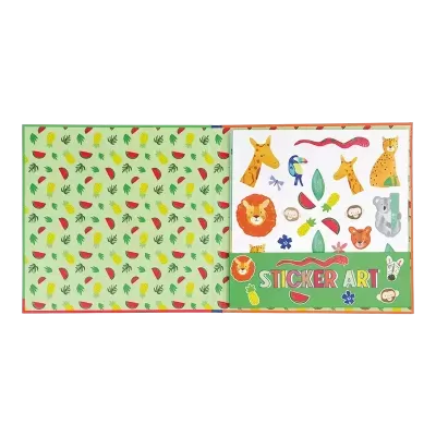 Livro aberto com autocolantes de animais e frutas com padrão colorido