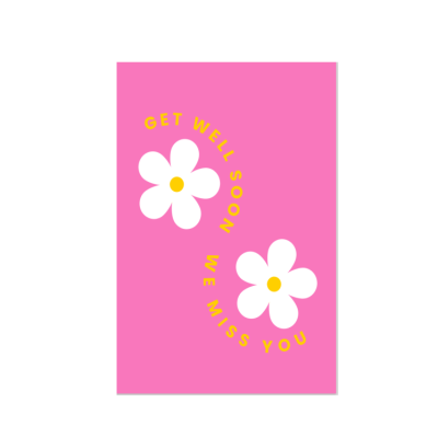 Cartão rosa com duas flores brancas e texto amarelo