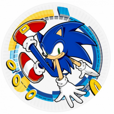 Prato de papel com imagem do personagem Sonic azul e anéis dourados