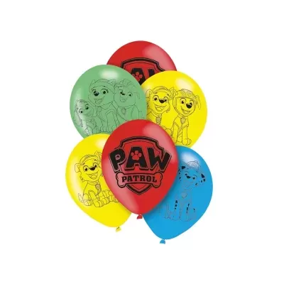 Seis balões coloridos de látex com personagens e logo PAW PATROL