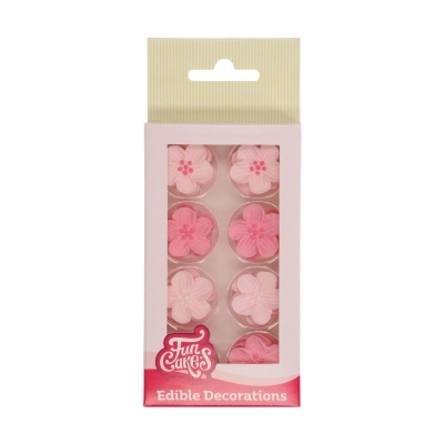 Decorações comestíveis em forma de flor rosa em embalagem rosa com janela transparente