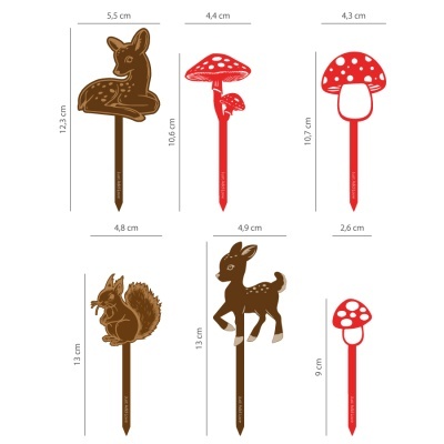 Marcadores de jardim em forma de animais e cogumelos em madeira pintada