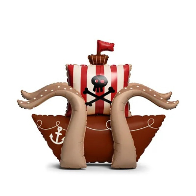 Insuflável navio pirata com vela listrada, caveira, âncoras e tentáculos
