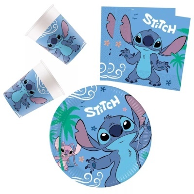 Conjunto de festa infantil azul com personagem Stitch e texto 'STITCH'