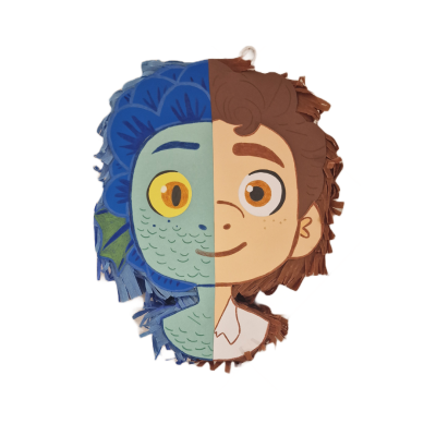 Pião de rosto azul e castanho com metade peixe e metade humano