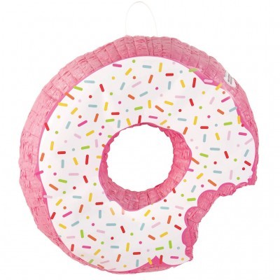 Piñata em forma de donut com cobertura branca e granulados coloridos