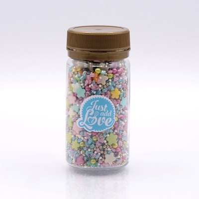 Frasco transparente com confeitos coloridos e tampa castanha