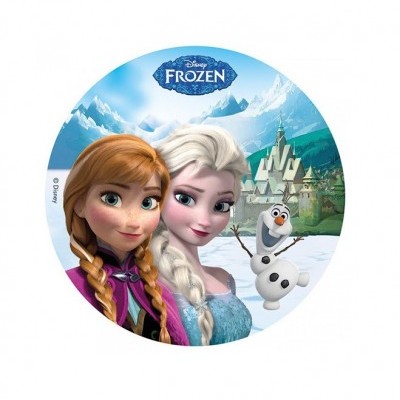 Imagem redonda com personagens do filme Frozen: Anna, Elsa, Olaf e castelo ao fundo.