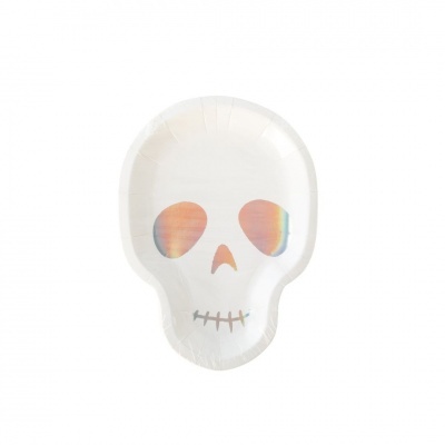 Prato papel formato caveira branco com olhos e nariz laranja