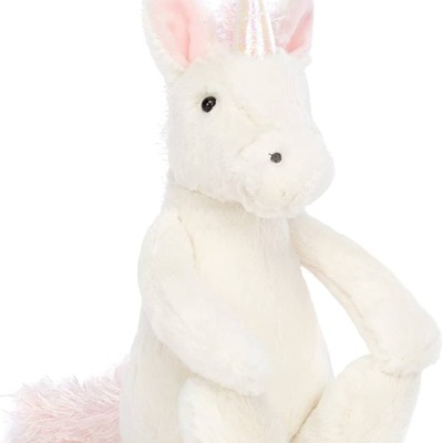 Pelúcia de unicórnio branca com chifre e cauda rosa