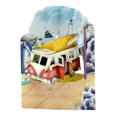 Ilustração pop-up autocaravana vermelha e branca numa cenário de praia com surf, gaivotas e farol