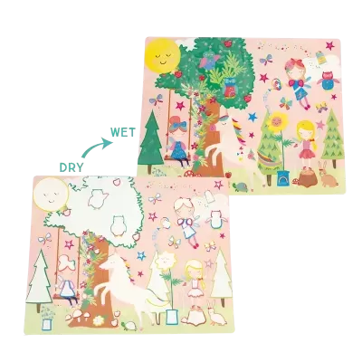 Folhas de atividade infantil com desenhos para colorir e autocolantes de cena fantasia