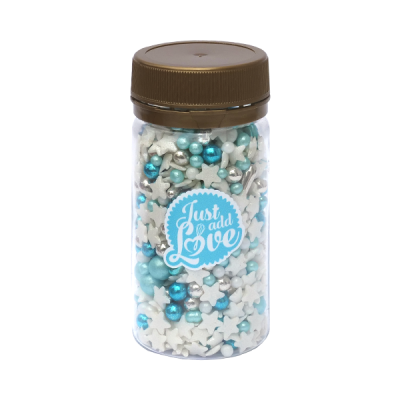 Frasco transparente com confeitos açucarados azuis e brancos, tampa castanha e etiqueta 'Just add Love'.