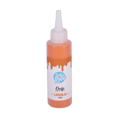 Frasco de líquido laranja com tampa doseadora e etiqueta com texto Fruit Love Drip LARANJA ORANGE