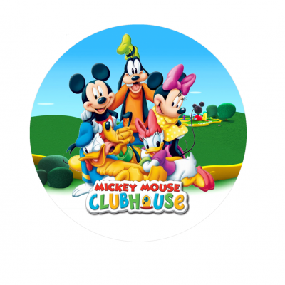 Personagens da Disney Mickey Mouse, Pateta, Donald, Pluto e Margarida com texto MICKEY MOOSE CLUBHOUSE