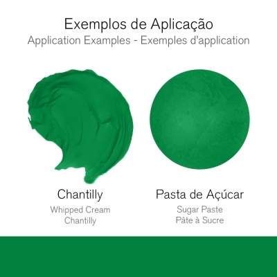 Amostras verdes de Chantilly e Pasta de Açúcar com legendas em três idiomas