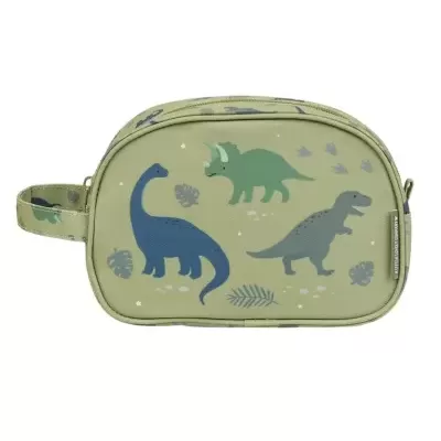Estojo verde claro com desenhos de dinossauros e folhas
