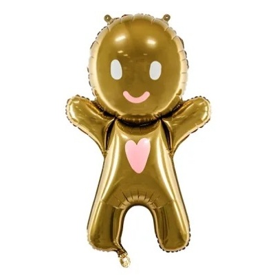 Balão metálico dourado em forma de boneco com rosto e coração rosa