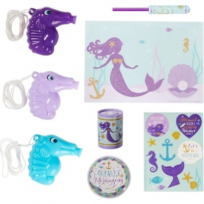 Brinquedos temáticos de sereia com pistolas de água de cavalo-marinho, caneta, folha ilustrada, lata e cartões decorativos.