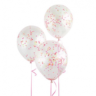 Três balões transparentes com confetes cor-de-rosa e dourados