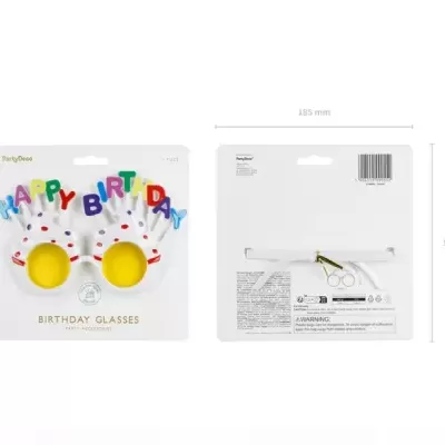 Óculos de festa branco cupcake com letras coloridas HAPPY BIRTHDAY