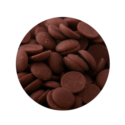 Pastilhas de chocolate castanho escuro, formato oval e redondo