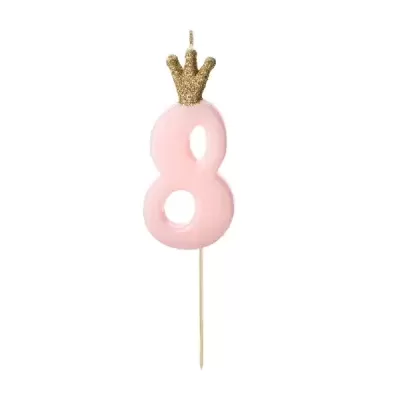 Vela forma número 8 cor-de-rosa com coroa dourada e palito de madeira